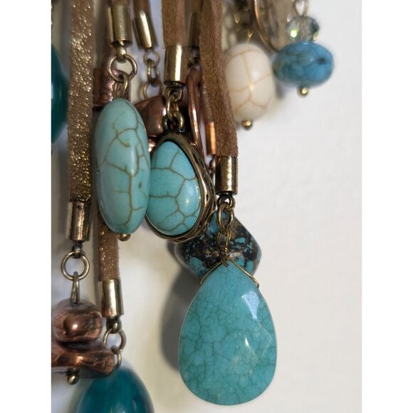 Boho Turquoise Rhinestone Fringe Statement Necklace Western Bib Tassel - Picture 3 of 7